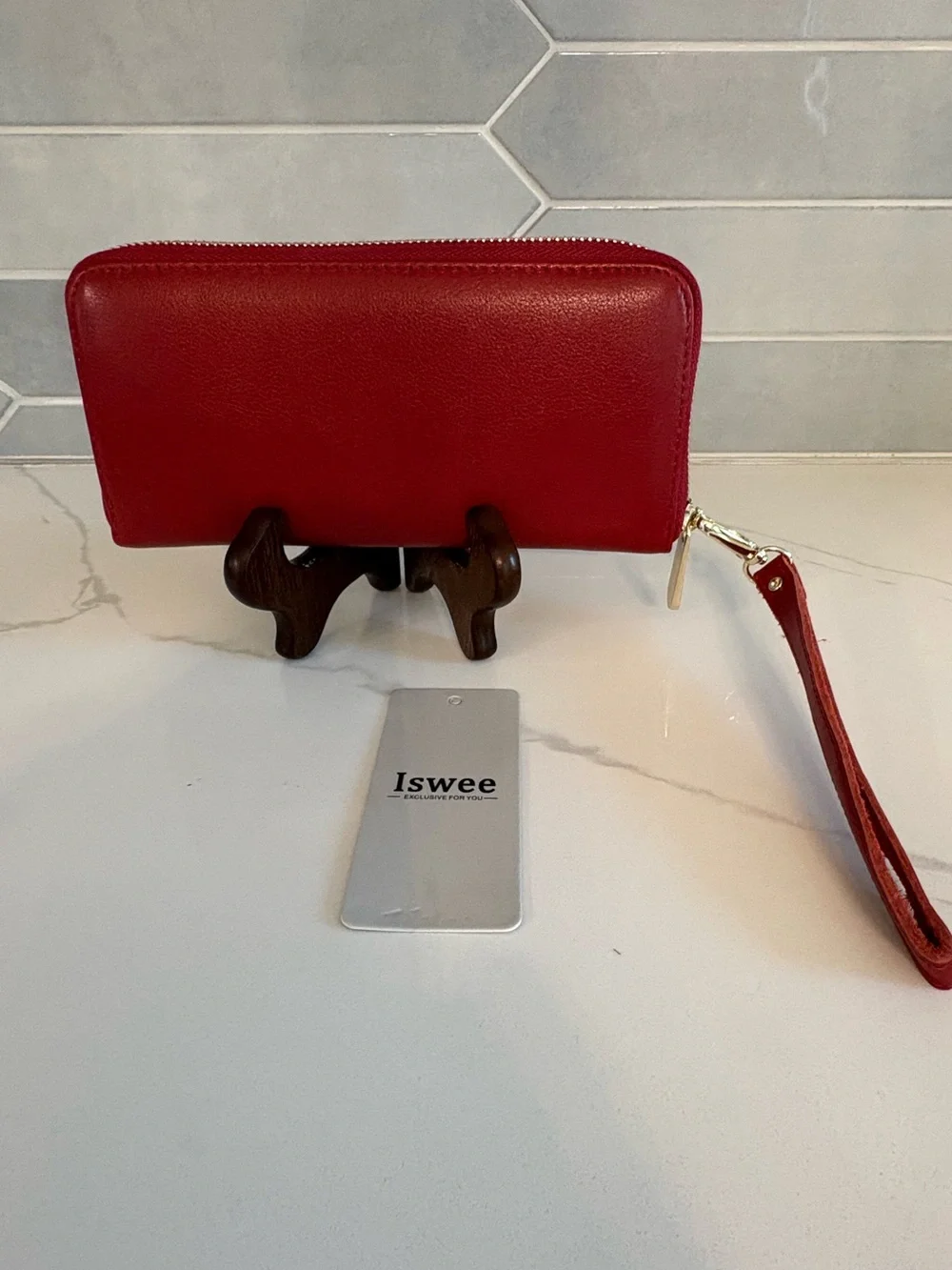 Iswee Red Genuine Leather Zip-Around Long Wallet Wristlet Clutch NWT